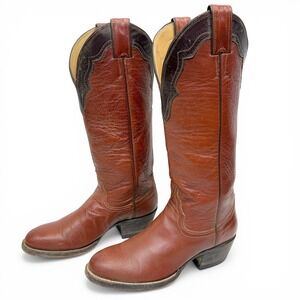 Justin Western Cowboy Tall Boots Women's Size 6 Vintage USA Red Brown Leather